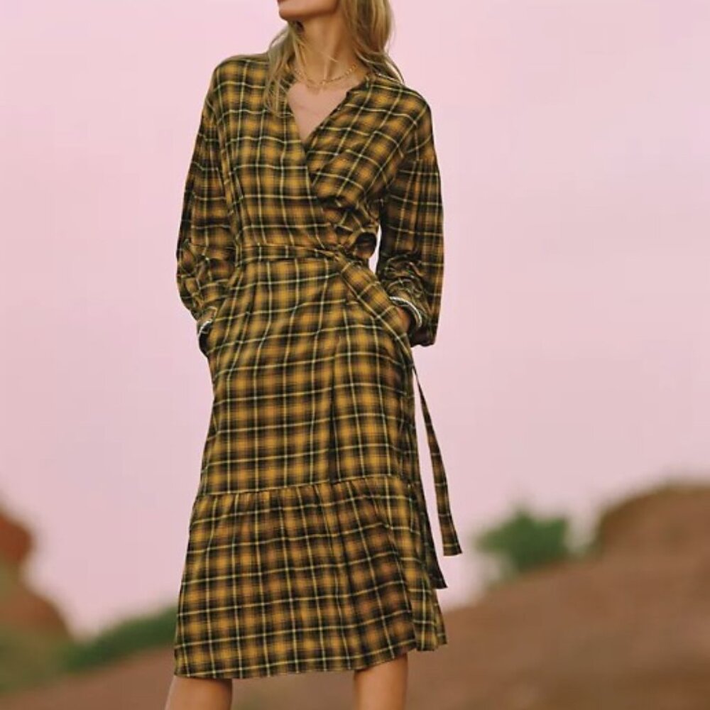 Anthropologie Dalton Wrap Maxi Dress Plaid Yellow Viscose